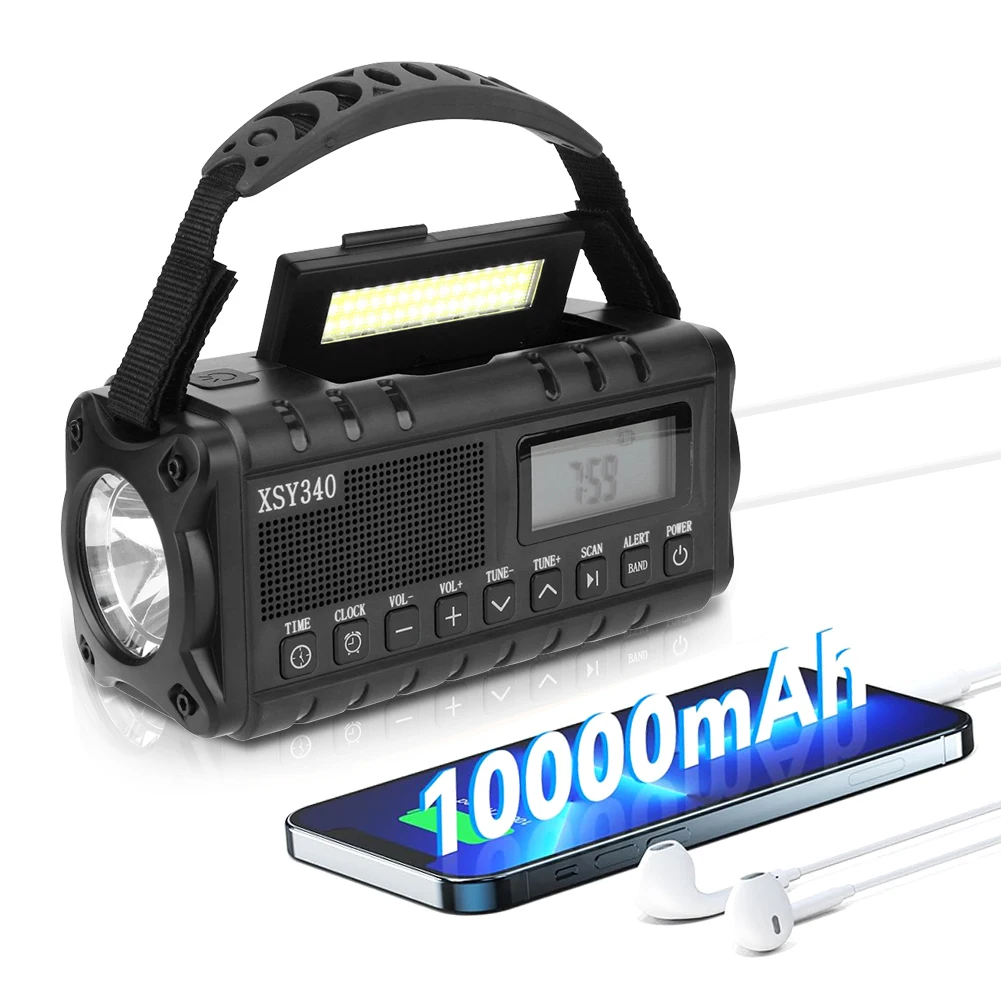 Upgrade 10000mAh Radio Hand Crank Solar AM FM WB NOAA Weather Radio With Emergency Flashlight USB TYPE-C Charging Power Bank