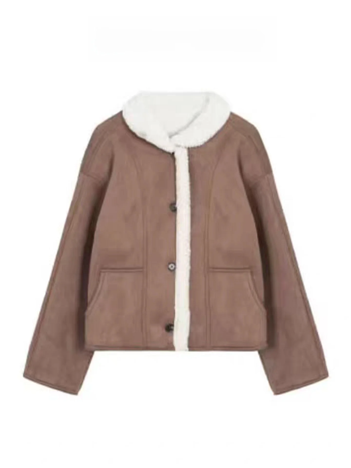 

Brown Suede Lamb Fur Jaet Women's Winter Thiened Korean Version Eco-friendly Simulation Fur ort Top round Ne Button C...