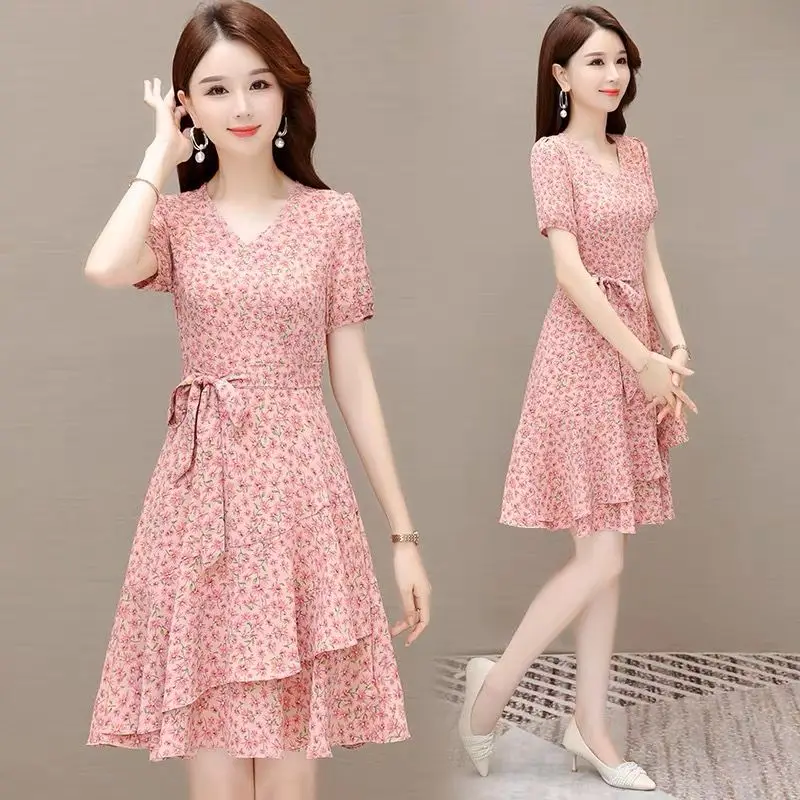 Elegant V-Neck Printed Spliced Ruffles Bandage Floral Dress Women's Clothing 2025 Summer New Loose Office Lady Prom Dresses