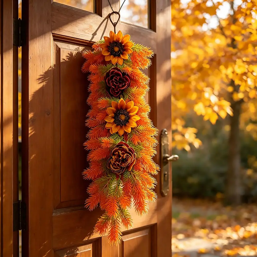 Simulated Maple Leaf Rattan Ornament Hanging Bouquet for Front Door Porch Entrance Wall Fireplace Table Stair Railing Wall Decor