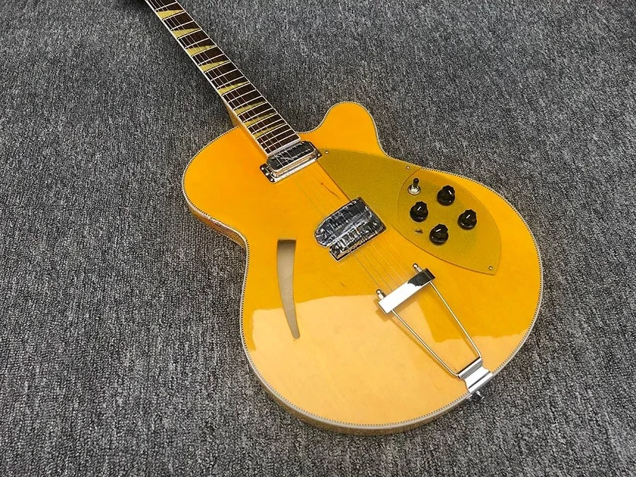 

2026 новая гитара с золотой накладкой, желтый цвет, полный полый корпус, 6-струнная гитара 360,