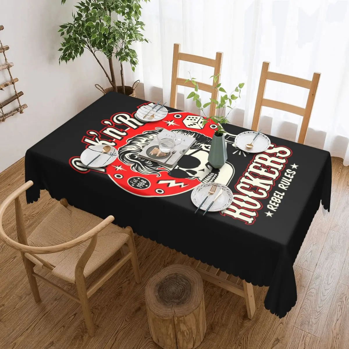 Customized Rectangular Rockabilly Rock And Roll Skull Dice Rockers Tablecloth Fit 40