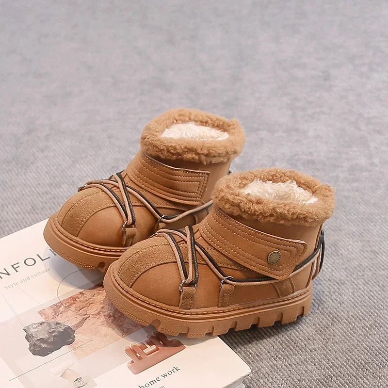 Kids Leather Boots with Thick Warm Fur Children Short Boots Round Toes 2025 Winter New Boys Girls Ankle Boots Fashion Versatile