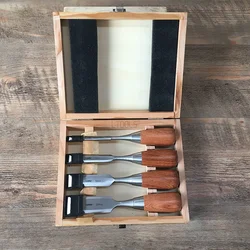 4 Piece Set of Short Woodworking Chisels Chrome Vanadium Steel Blade Holder Pear Wood Stem 6/13/19/25MM Carpentry Chisels Tools
