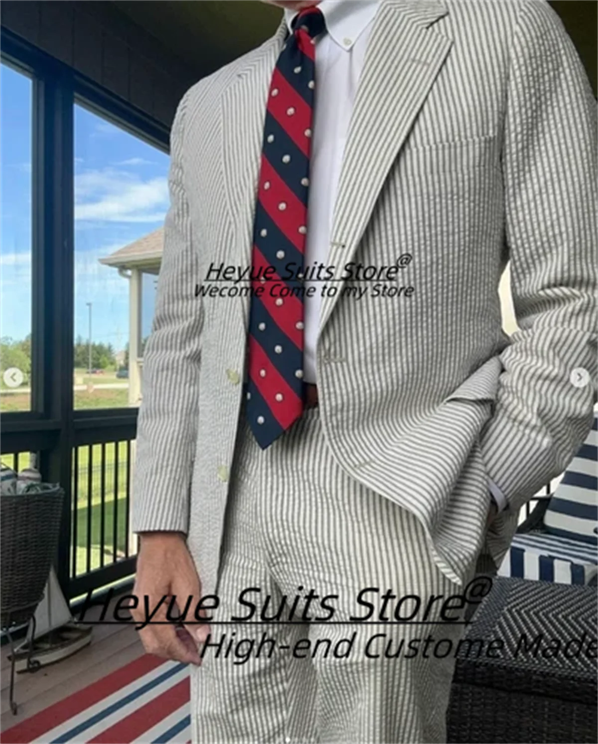 

Summer Business Stripe Double Breasted Men Suits Customized Slim Notched Lapel Groom Wedding Tuxedos 2Pcs Sets Male Prom Blazers