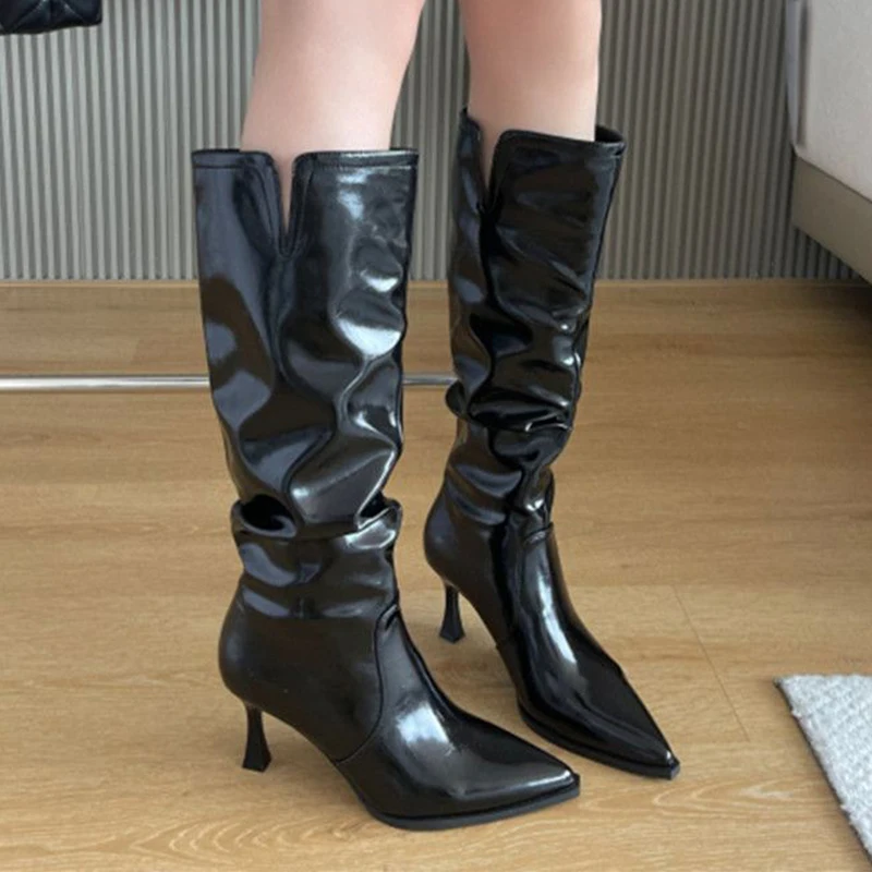 

Женские длинные сапоги с острым носком, туфли до колена, ботинки челси, зима 2025 г., брендовые сексуальные туфли-лодочки, кожаная обувь Mujer De Botas