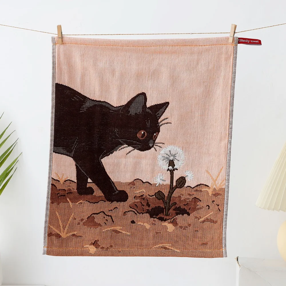 34x40cm Large Hand Towel 4 Layer Cotton Gauze Quick Dry Pure Cotton Dish Cloth Decorative Cat Pattern Tea Towel Home Restaurant