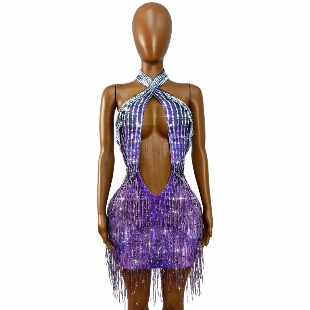 Ziyangguang Sparkly Purple Crystal Ombre Halter Keyhole Fringe Dress Rhinestone Bodycon Outfit Nightclub Party Dress Prom Gowns