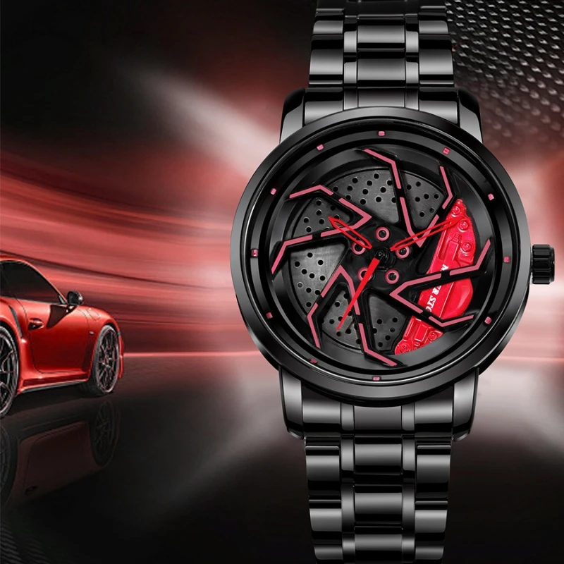 

Car Wheel Watch Stainless Steel Mens Wristwatch with Spinning Car Rim Hub Design Scratch Resistant Gifts for Car Enthusiasts