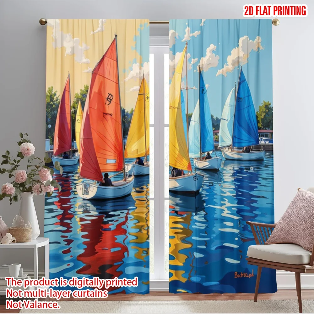 2pcs,2D plane printing Curtain Popular Vivid Sailing Polyester Easy Install (without rod) Holiday Ldeal for Living Room,