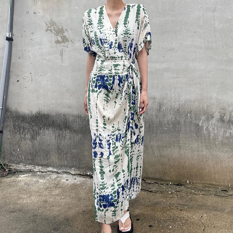 시크한 여름 빈티지 브이넥 플로럴 프린트 원피스 벨트 슬림핏 반팔 드레스 한국 스타일 하이웨이스트 롱 드레스