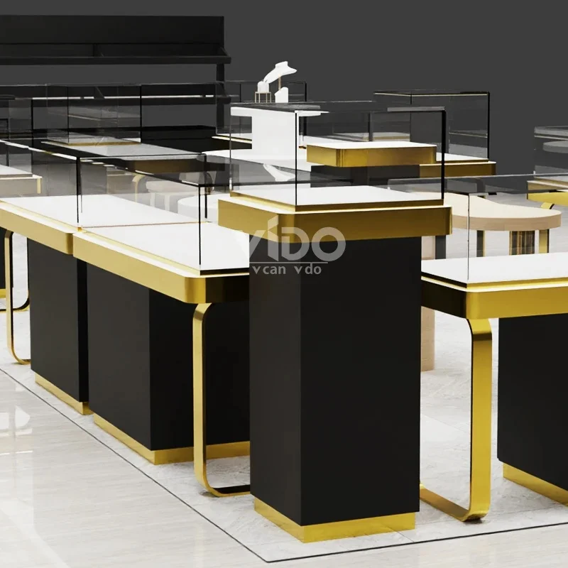 custom.Jewelry Display Showcase Luxury Black And Gold Display Cabinet With Glass Window Jewelry Shop