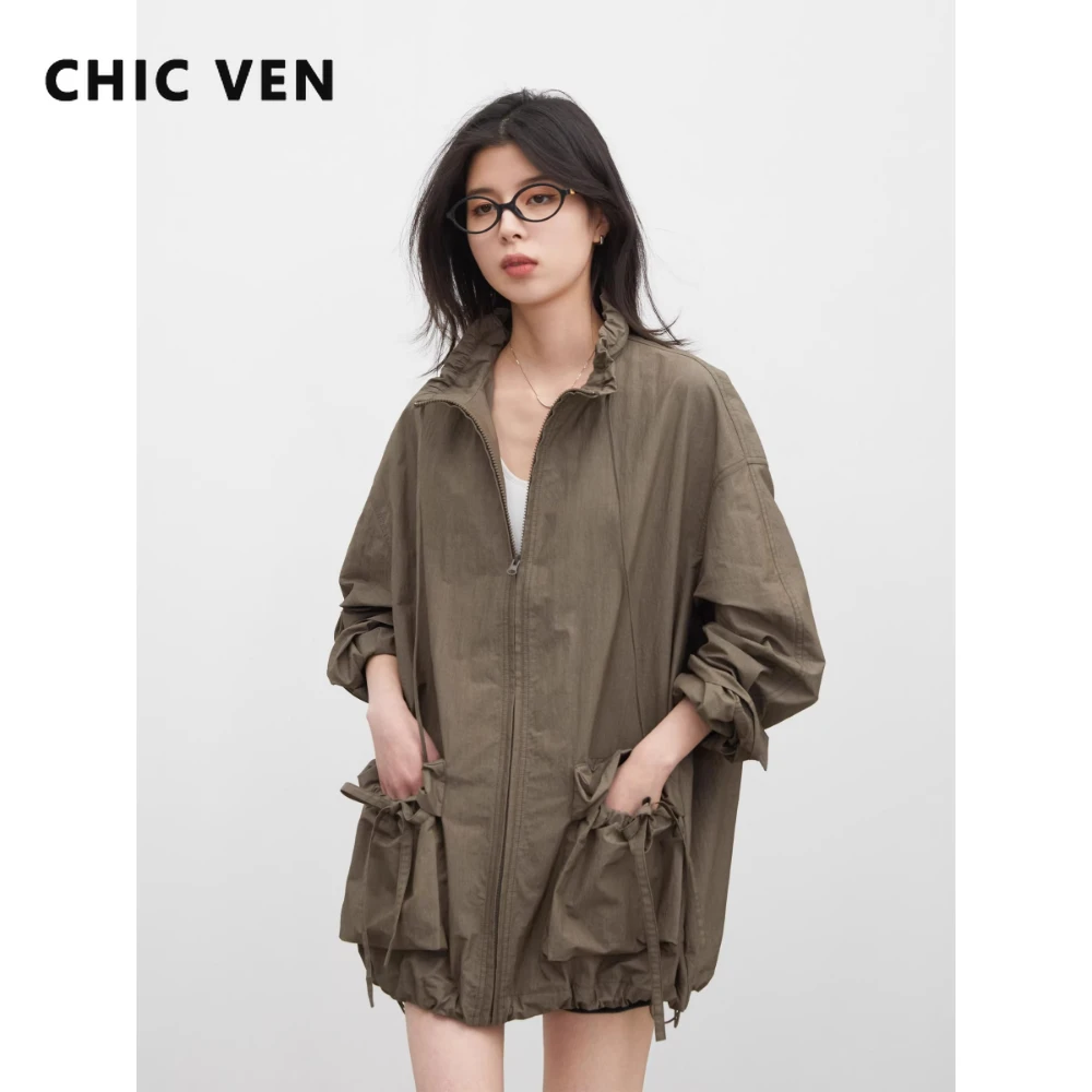 

CHIC VEN Новые женские куртки свободного кроя с цветочным узором, воротником-стойкой и завязками, весна-лето 2026, топ для девушек