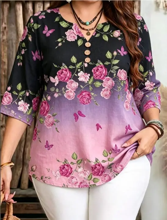 Gradient Rose Butterfly Floral Leaf All Over Print Women Blouse 3/4 Sleeve Notch V Neck Decor Button Summer Casual Tops