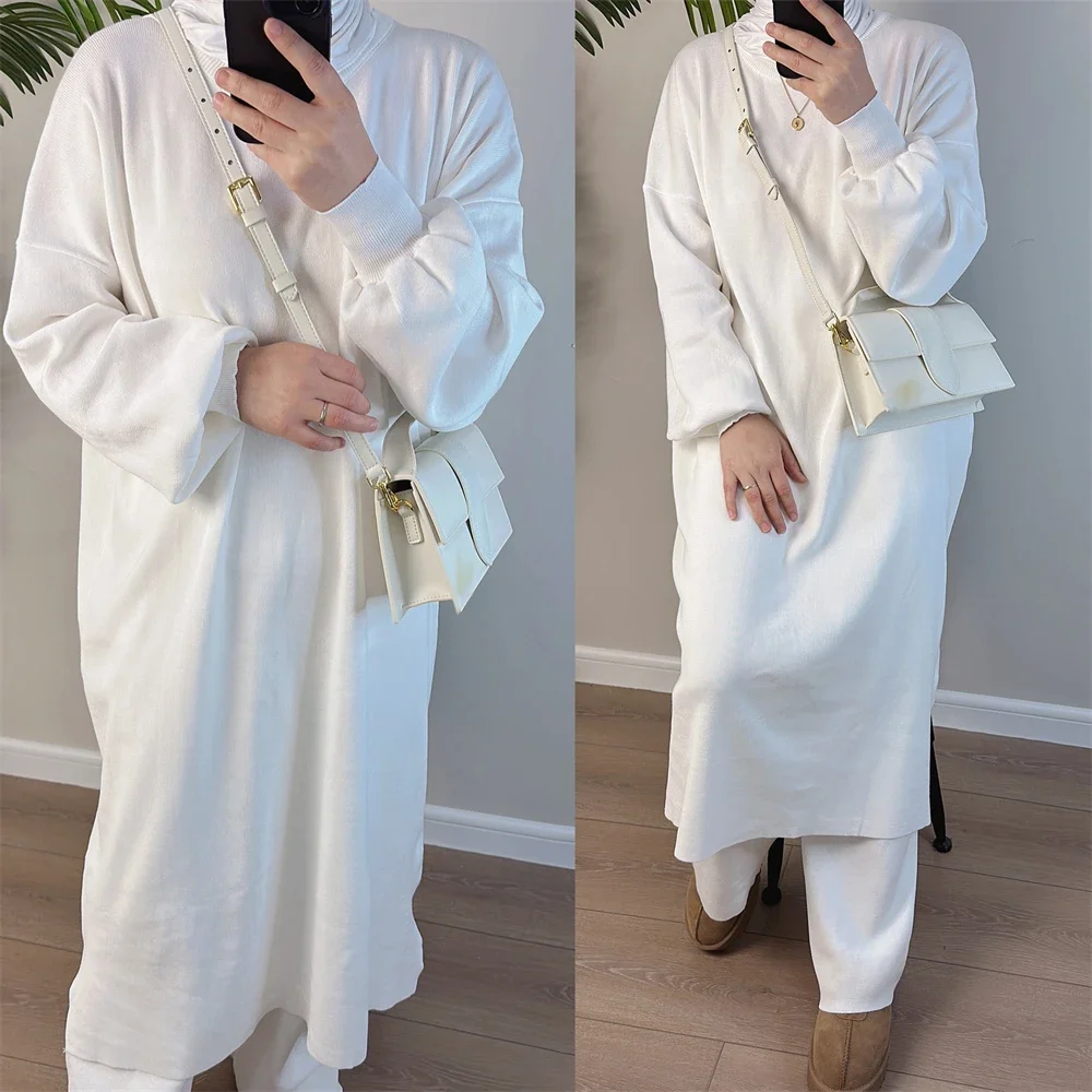 Two Pieces Set Winter Muslim Long Sleeve Knitted Dress and Wide-leg Pants Women Islam Clothing Femme Musulmane Abaya Kaftan Suit