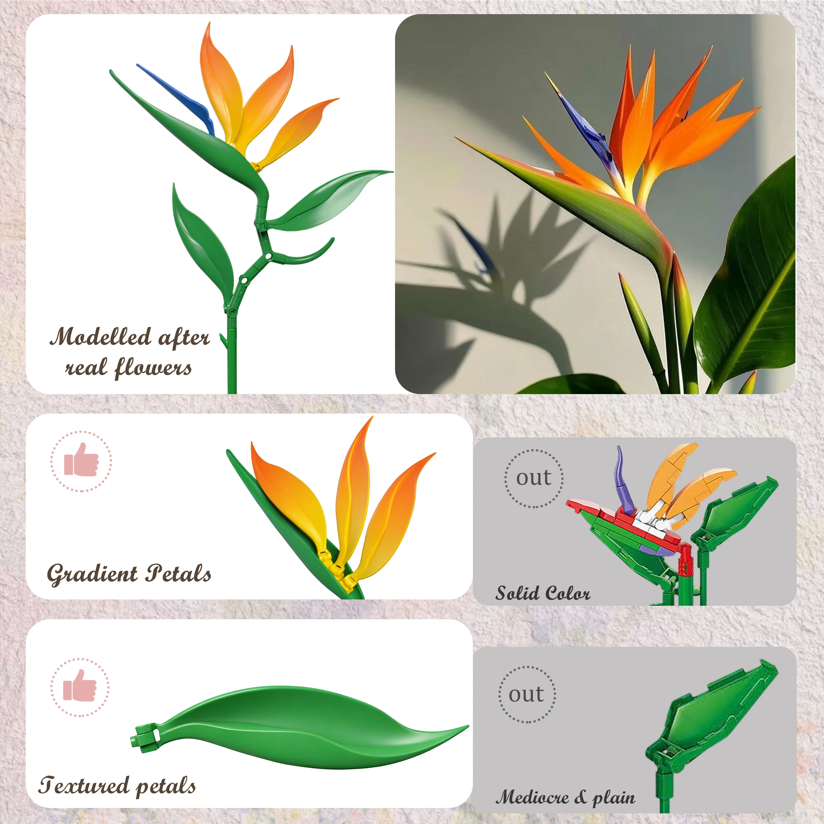 Strelitzia Blossoms Building Block Bouquet Flowers Featuring Gradient Petal Details Ideal for Tabletop Display Home Deco（46 Pcs） view 4
