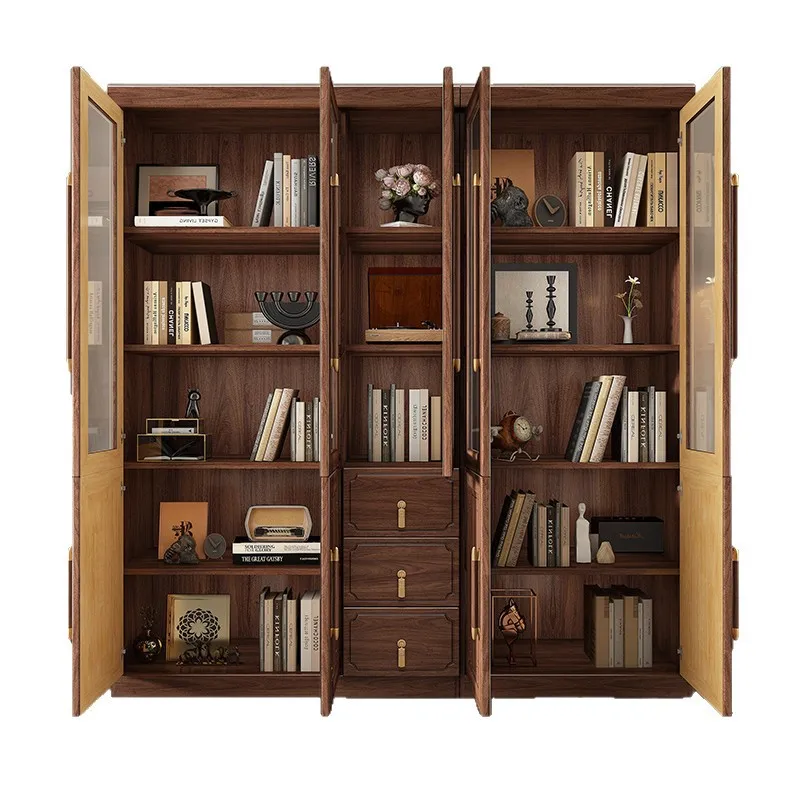 

Black walnut bookshelf floor-to-ceiling shelf integrated against the wall study locker living room display
