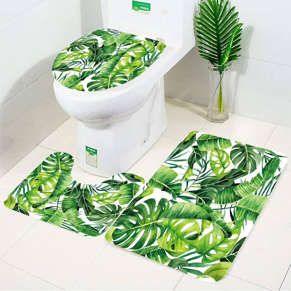 

Набор ковриков для ванной с тропическими листьями: пальма, монстера, зеленые растения. Домашний ковер из фланели, коврики для пола в ванной, чехол для крышки унитаза.