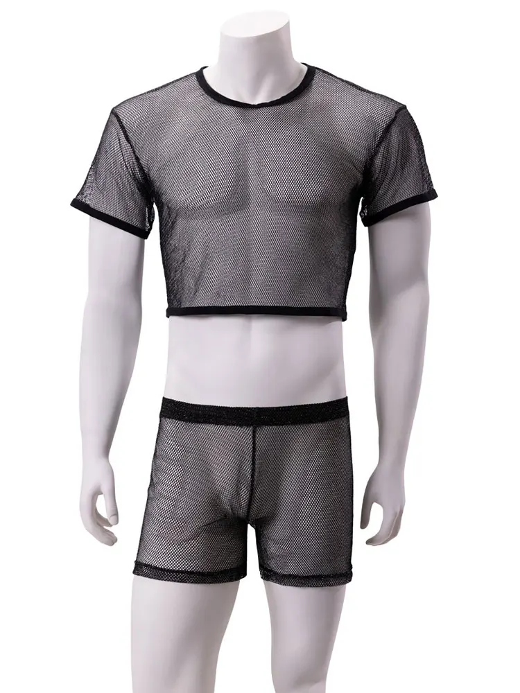 Men\'s Clothing Mesh Transparent Male Set New Two Piece Sexy Sheer Boxer With Crop Tops Exotic Man Outfits Night Allure Costume