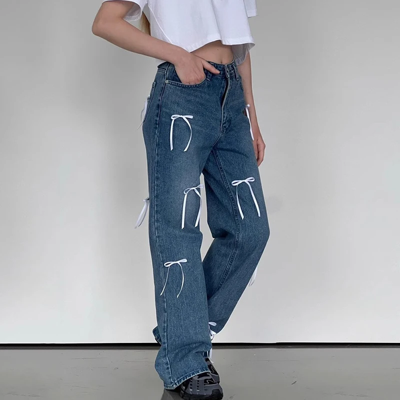 Bow Patchwork  Jeans Wide Leg Pantalones Mujer High Waist Women Denim Straight Pants Korean Ropa Mujer Spring Womens Clothing