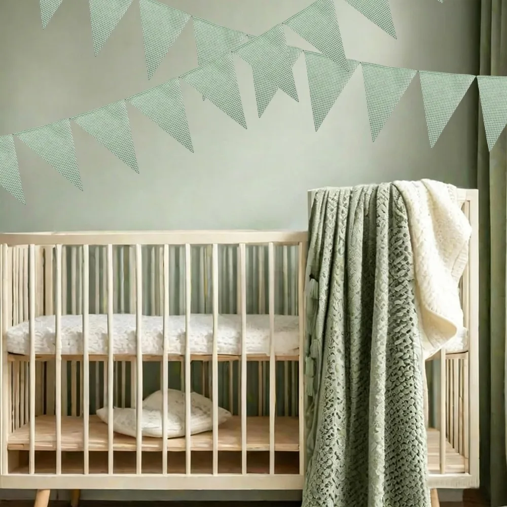 Sage Green White Fine Plaid Fabic Triangle Banner Flags Gingham Bunting Picnic Garden Christmas Home Birthday Party Decorations view 3