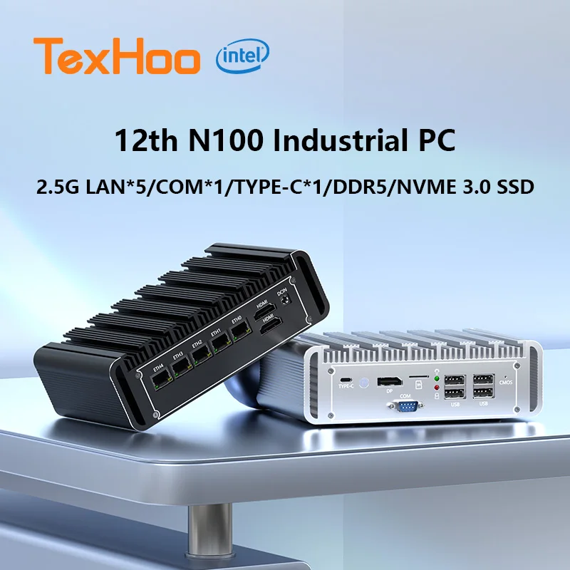 كمبيوتر TexHoo Mini، Intel N100 Win 11/Linux PC، 16 جيجابايت DDR5، 256 جيجابايت M.2 SSD، 5LAN + 1COM خادم/أمن الشبكة/جدران الحماية/الكمبيوتر الصناعي