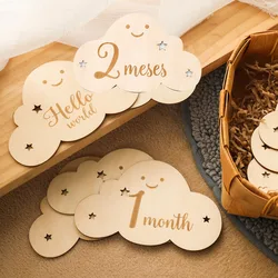 Cartes commémoratives en bois anglais et espagnol pour bébé, marque commémorative du mois, élément mignon en forme de nuage, accessoires de photographie pour nouveau-né