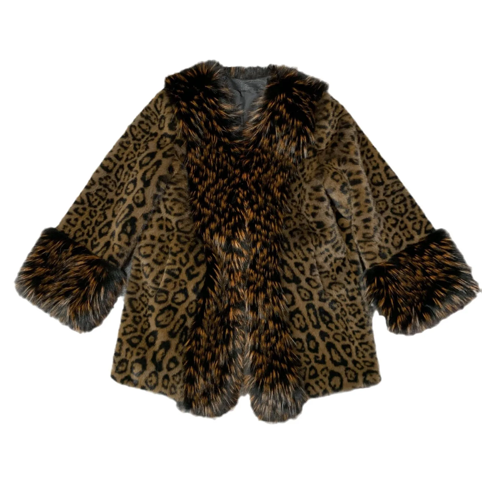 เสื้อคลุมขนเฟอร์เทียมพิมพ์ลายเสือดาวสุดหรูหรา แฟชั่นระดับไฮเอนด์ สไตล์เทพธิดา เสื้อแจ็คเก็ตขนปุยสำหรับฤดูหนาวสำหรับผู้หญิง