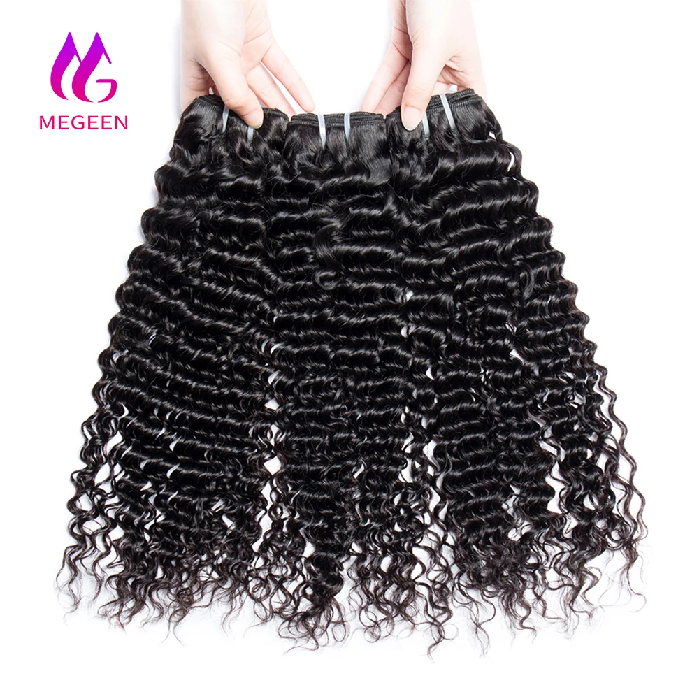 Megeen Deep Curly Wave Human Hair Bundels Brazilian 12a Weave Hair Extensions 3 Bundels Deal 95-100G Ture To Length 1b Zwart