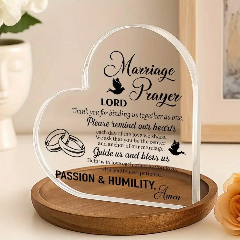 Lord Marriage Prayer Heart‑Shaped Acrylic Sign, Christian Wedding Vow Gentle Patience Humility Desktop Ornament