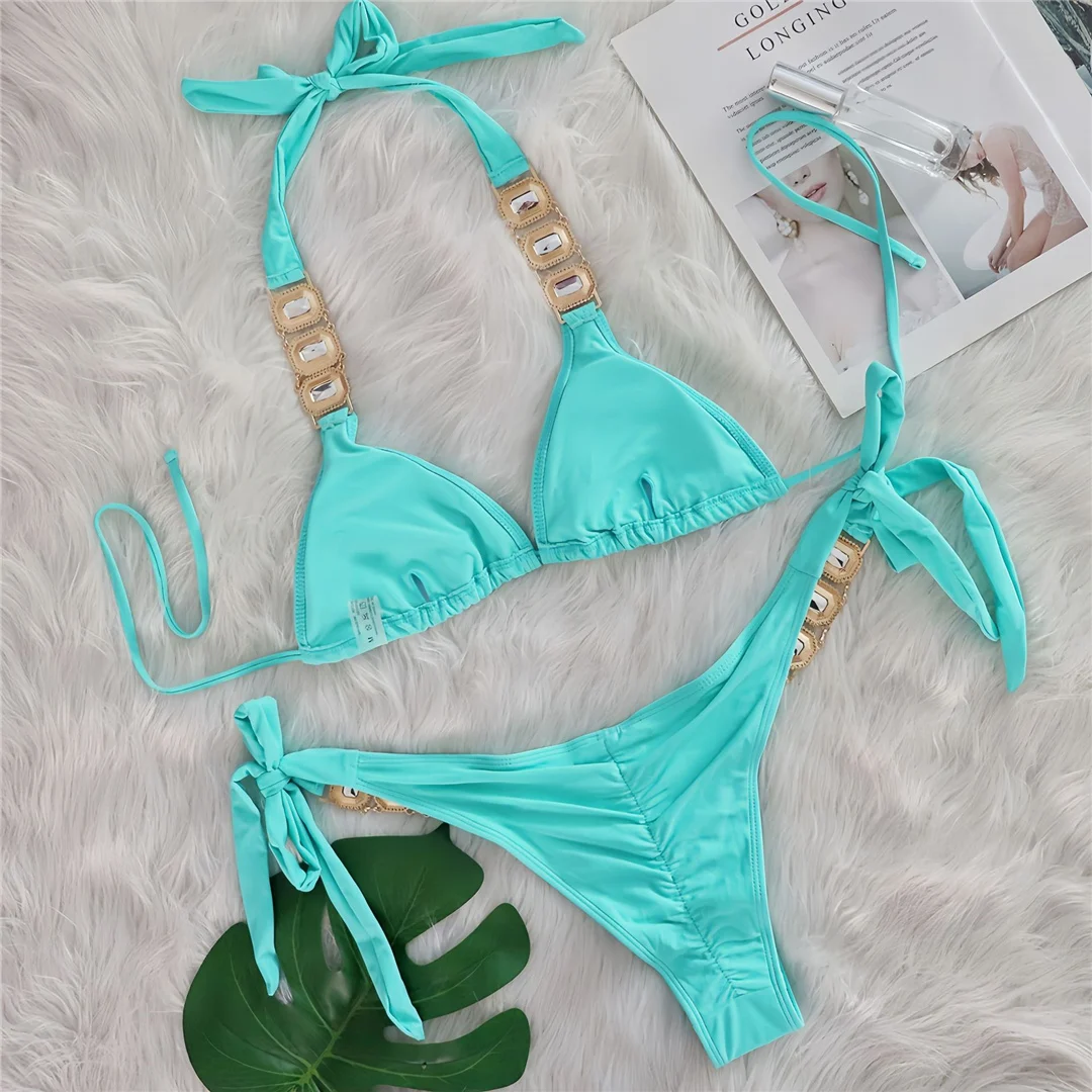 10 Farben Diamant-Strass-Steine Neckholder-Bikini Damen-Badebekleidung Zweiteiliger Bikini-Set Badeanzug Badebekleidung V6194 – Detail 16