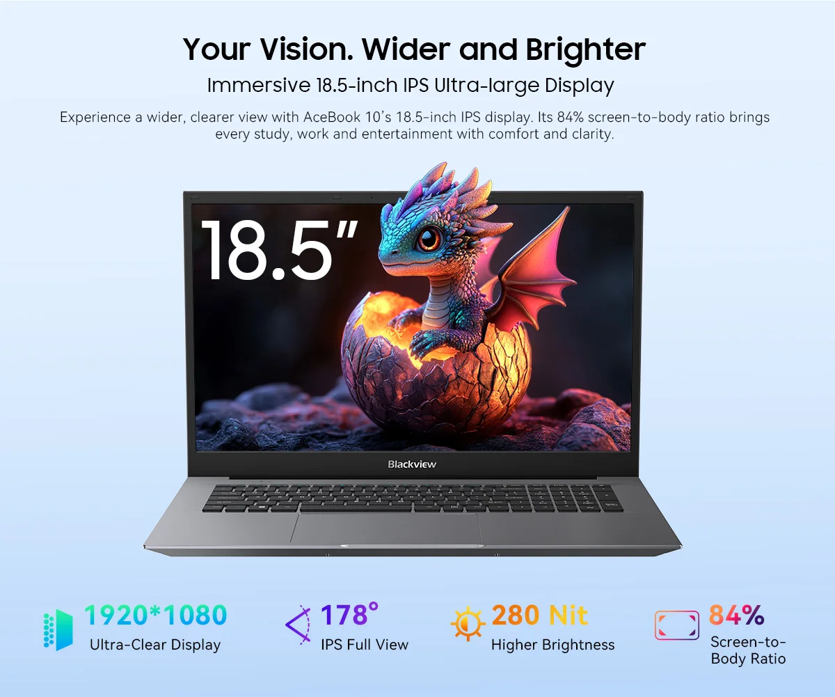 Blackview ACEBOOK 10 Laptop Computer 18.5" FHD 8000mAh Intel N150 Windows 11 16GB RAM 512GB BT5.2 WiFi 6 Desktop Notebook