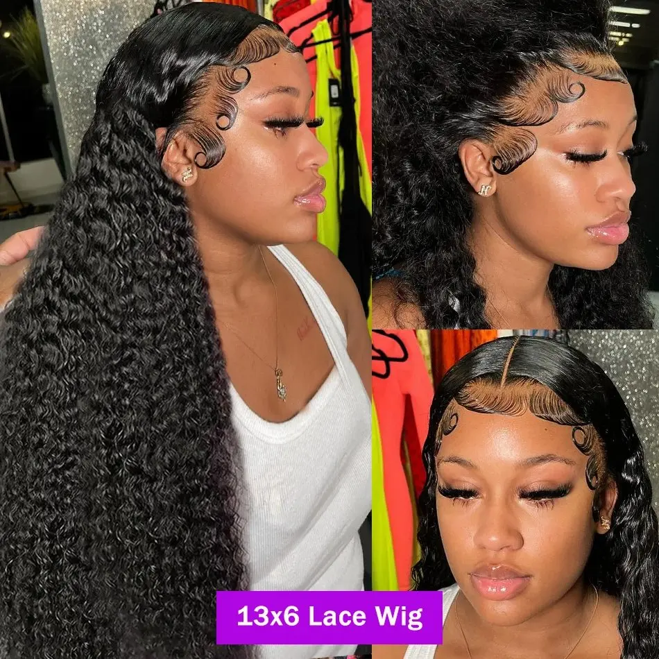 Natural Black  24 Inch 13x6 HD Lace Forehead Wig Deep Wave 13X4 Human Hair Curly High Quality Women's Glueless Wig 180 Density