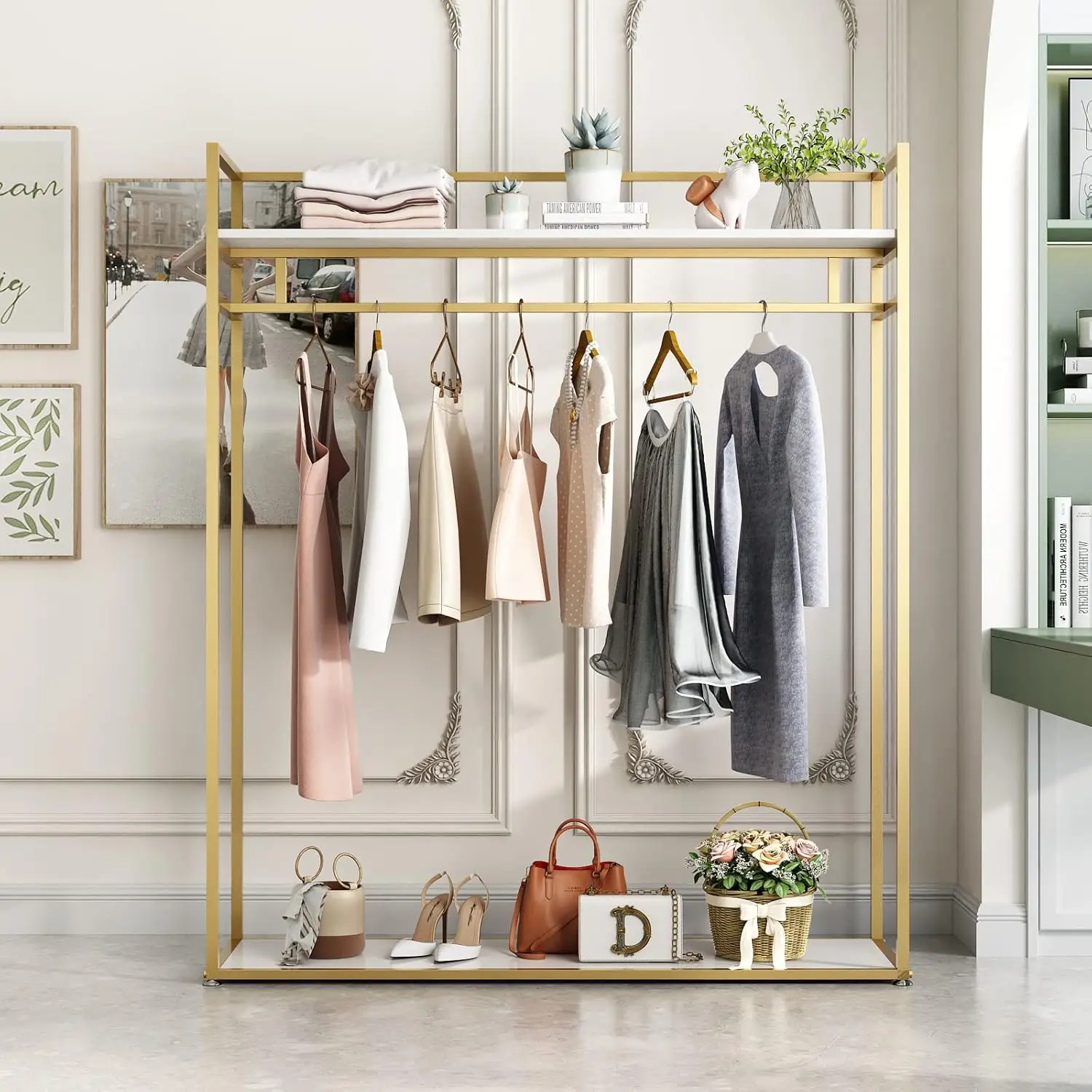 Heavy Duty Clothing Rack with Shelves for Hanging Clothing Gold Metal Freestanding Garment Rack for Retail Display 59