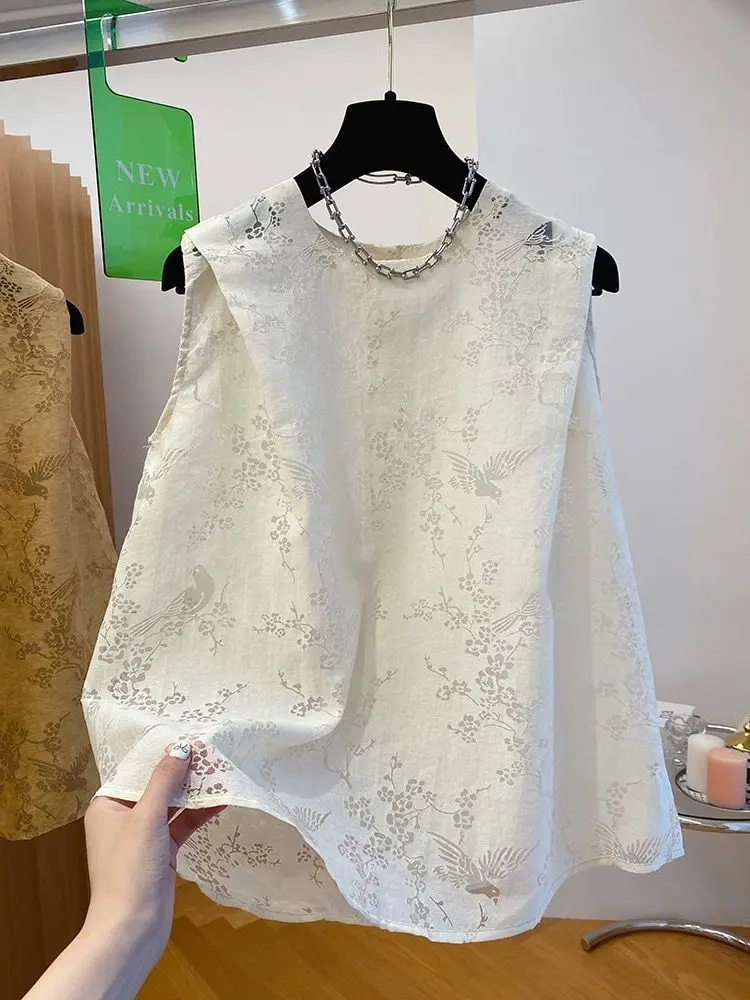 New Chinese Style O Neck Sleeveless Loose Women Camis Harajuku Summer Flower Hollow Out Vast Temperament All Match Clothes