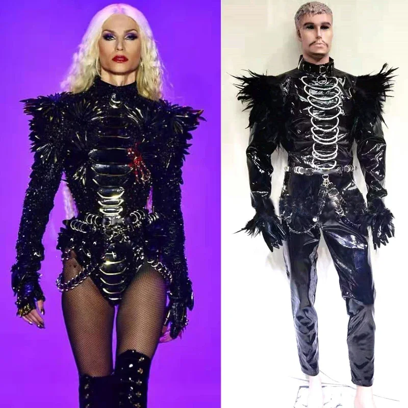 

Сексуальный черный лакированный кожаный комбинезон рыцаря с перьями, костюмы Gogo для женщин и мужчин, DJ DS, вечерние костюмы для выступлений на сцене, XS2261