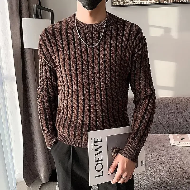 High Quality Striped Jacquard Sweater Men Winter Thicken Warm Round Neck Knit Pullover Casual Business Knitwear Tops Streetwear