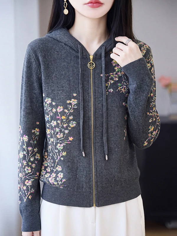 2026 Autumn Winter Double Knit Woolen Knitted Cardigan Long Sleeve Zipper Embroidery Hat Women's Zipper Coat Jacket