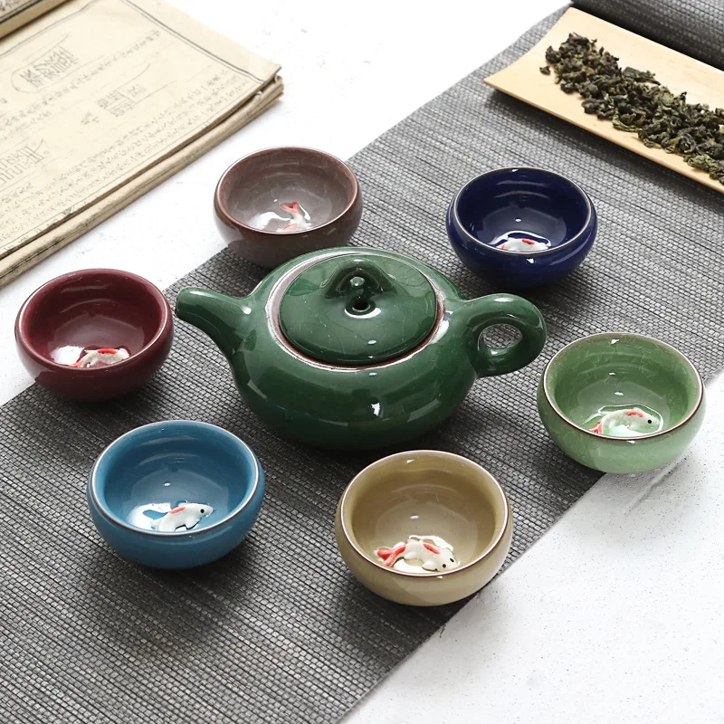 Colorful Ice Splitting Fish Cup Kung Fu Tea Set Ceramic 1 Pot 6 Cups