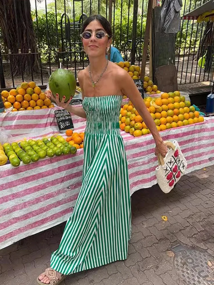 Striped Strapless Women Midi Dress Slim Backless High Waist Elastic Female Vacation Dresses 2024 Spring Summer Lady Beach Robes