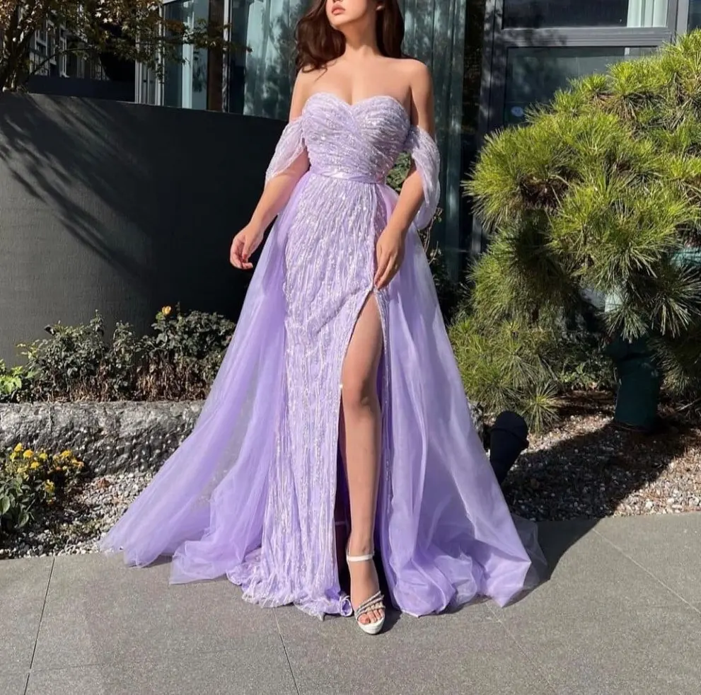 

Sweetheart Pleats Sleeveless Sequined A-Line Floor Length Tulle Side Slit Zipper Back Exquisite Evening Dress Woman Custom Size