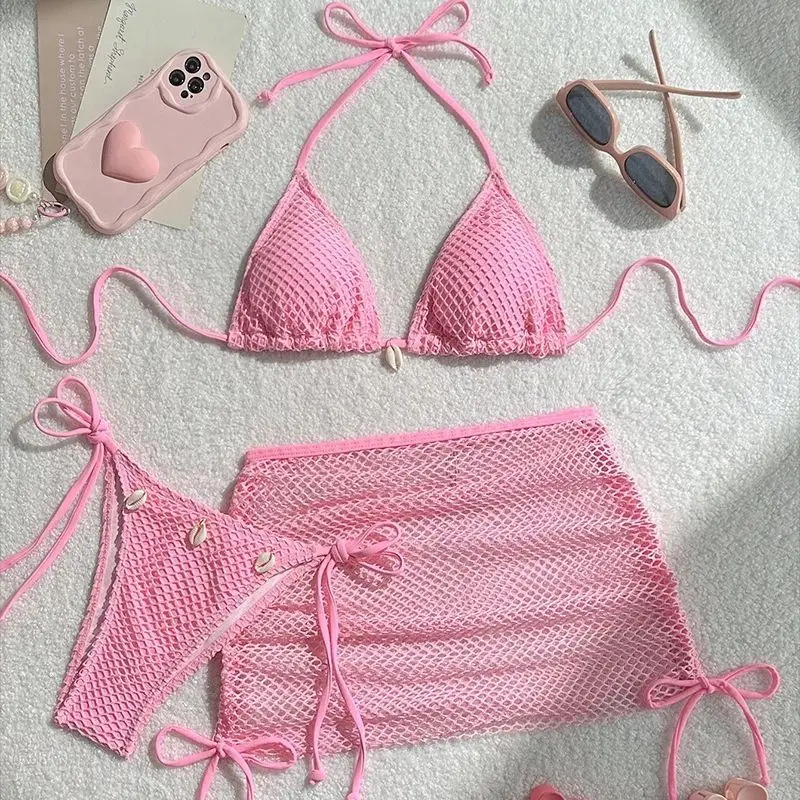 

Розовый сетчатый комплект бикини из трех предметов в цвете вишневого цвета