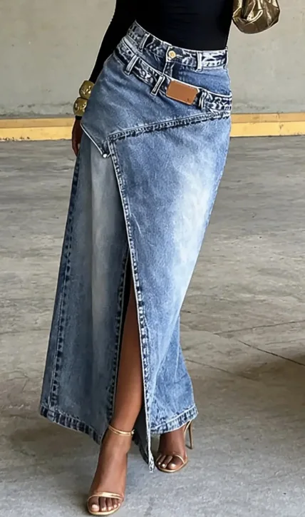 STYLISH LADY Vintage Acid Wash Denim Long Skirt 2026 Women High Waist Front Slit Irregular Overlap Patchwork Maxi Jean Skirt