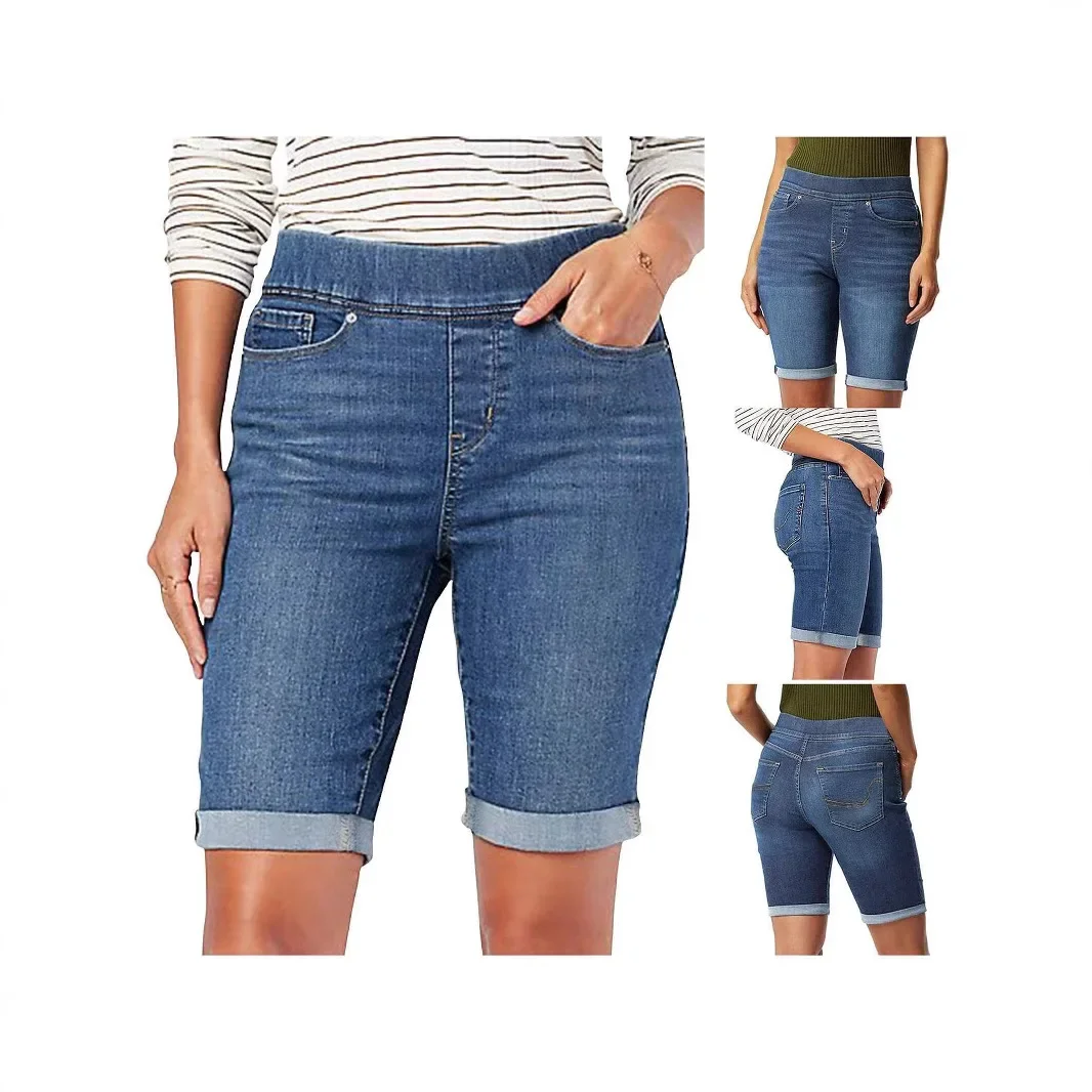 

Женские однотонные потертые джинсы с эластичной резинкой на талии, джинсовые брюки длиной до колена, потертые базовые летние вышивки