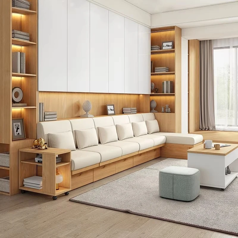 The living room sofa bookcase is integrated, the whole wall box storage cat scratching cloth sofa has no armrests