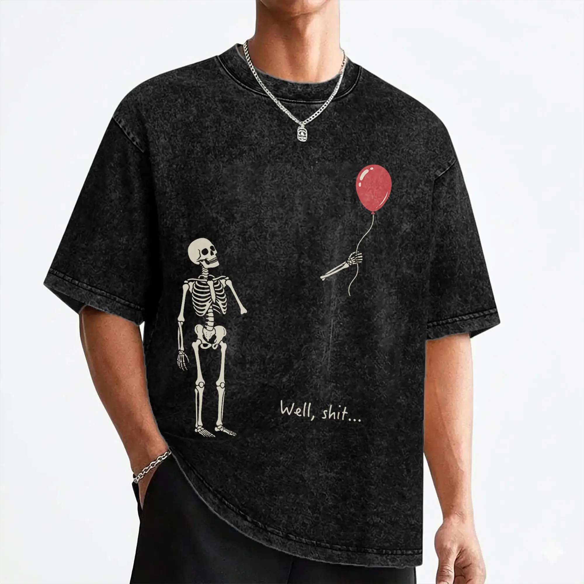 Well Shit Skeleton Balloon Dark Humor Halloween T Shirts Hip Hop Washed High Street T-Shirt for Men Tops Streetwear Tee Shirt