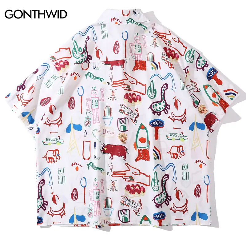 Harajuku Men Shirts Funny Graffiti Cartoon Dinosaur Graphic Print Blouse Hip Hop Loose Short Sleeve Button Up Summer Beach Shirt