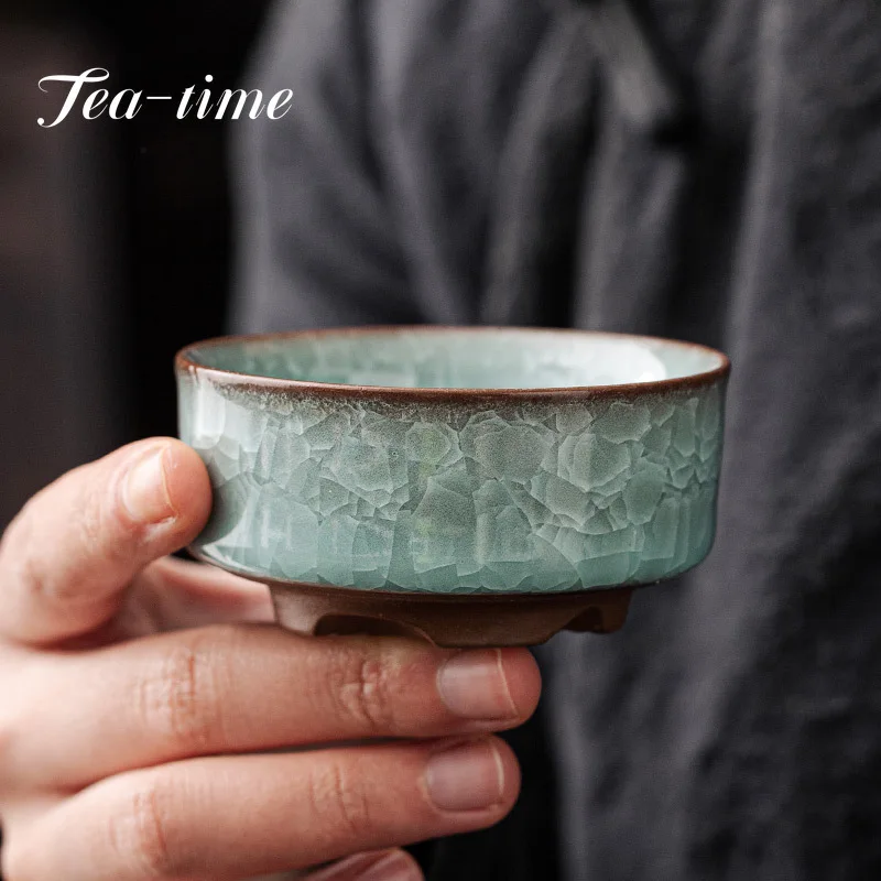 Boutique Longquan Black Ice Celadon Master Cup Handmade Ice Cracked Ceramic Tea Bowl Teaset Chazhan Large Tea Sake Cup Drinkware