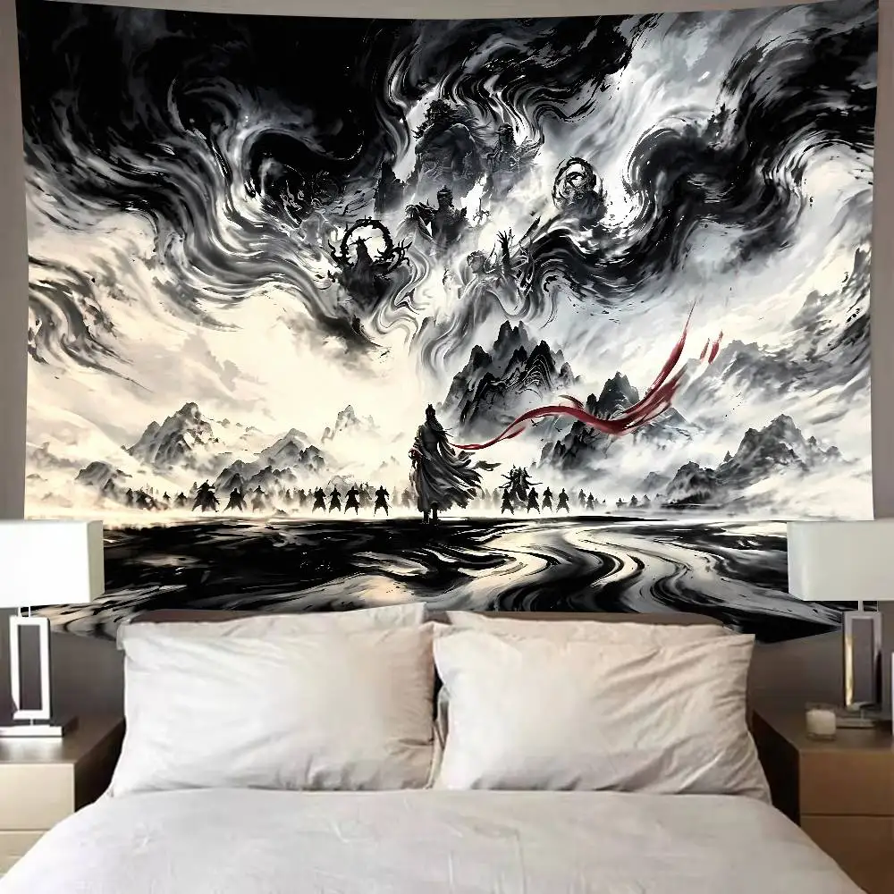 Fashion Ink Wash Painting Tapestry Wuxia Warrior Silhouette Red Ribbon Mountain Landscape Oriental Traditional Ink Study Room