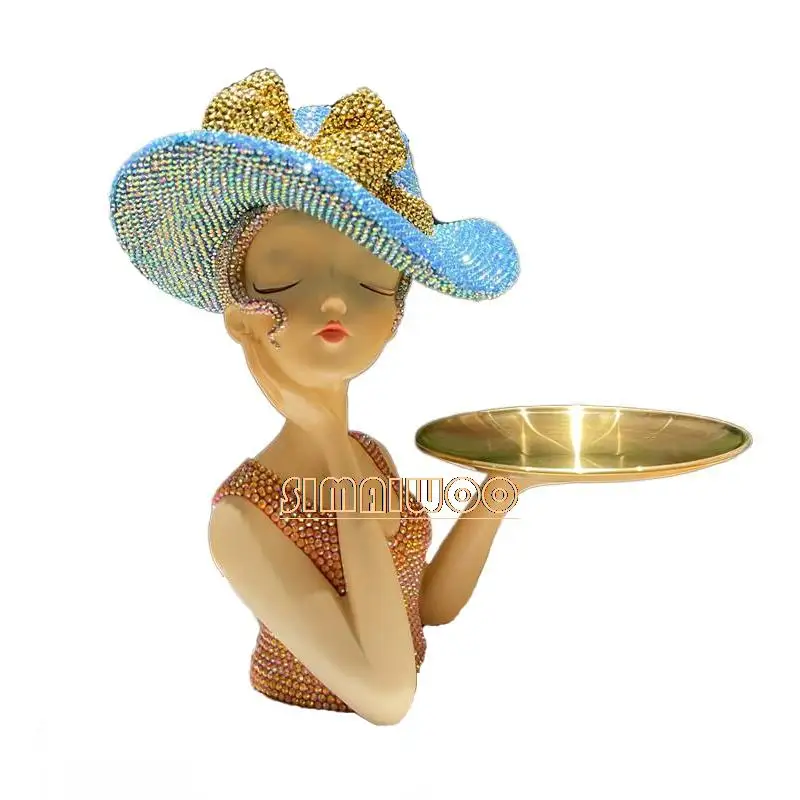 

Exquisite Crystal Beauty Figurine Handmade Rhinestone Snack Tray Cross Stitch Key Storage Blinged Luxury Living Room Ornament